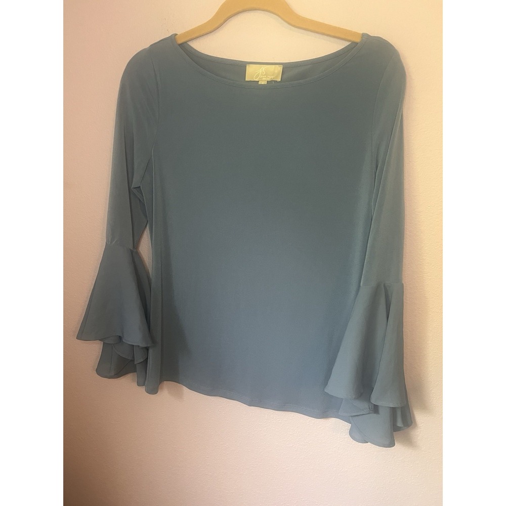 Joan Vass Blue Long Sleeve Blouse Ruffle Sleeves Size Small